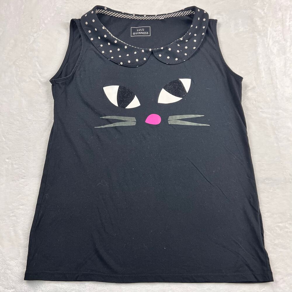 Lulu Guinness Uniqlo Retro Rockabilly Cat Face Polka Dot Collared Tank Top Lrg